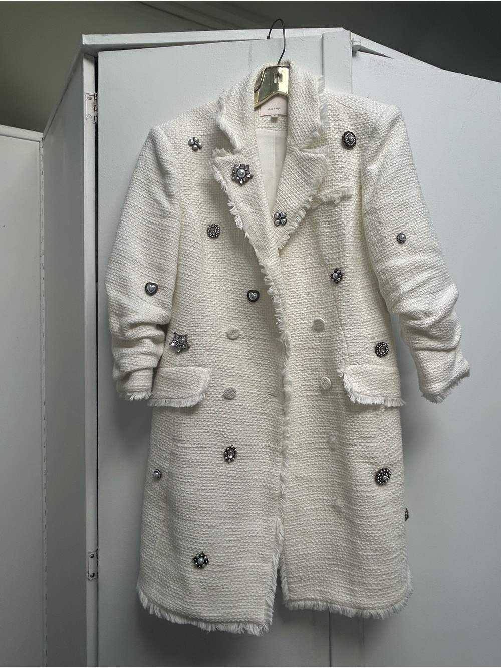 cinq a sept White Embellished Bouclé Pea Coat